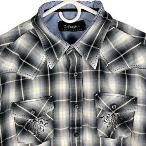 J. Campbell Button Up‎ Y2K Shirt Mens L Black Ombre Plaid Western Embroidered